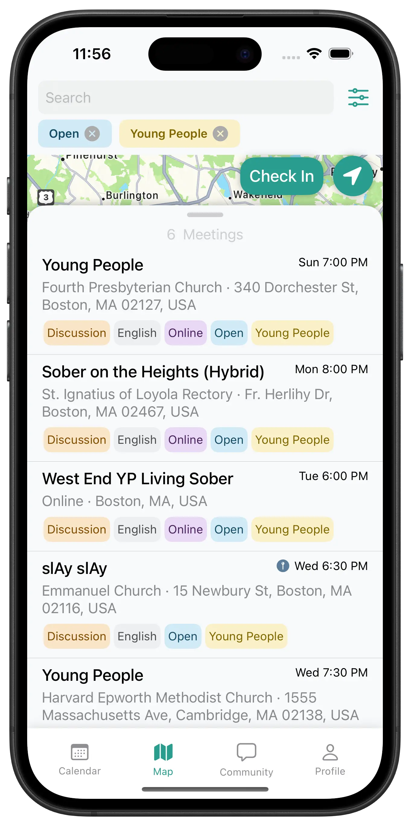 AA meeting calendar view showing daily and weekly meeting schedules